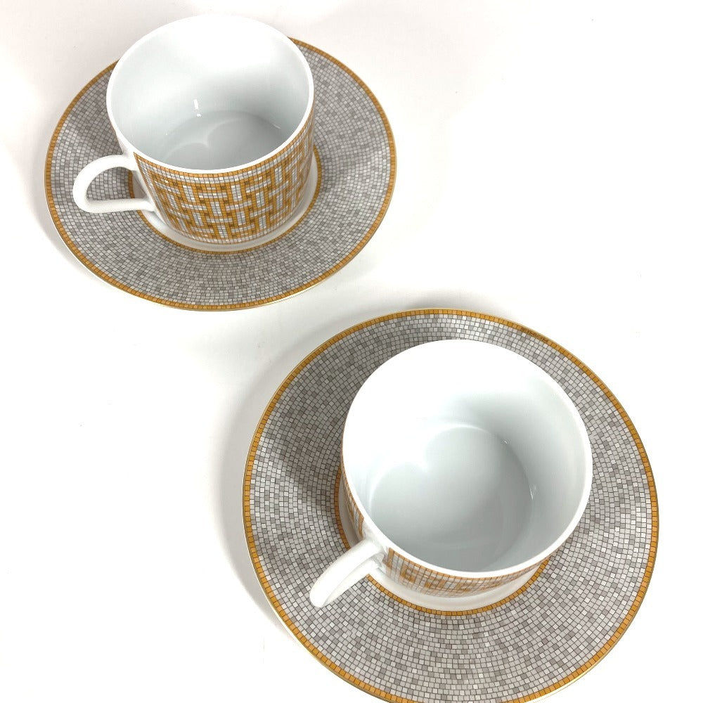 HERMES P026016P Set Tableware Plate Tea Cup & Saucer <Mosaic 24> 2 Guests Pair Interior Present Mug Porcelain Ladies Gold