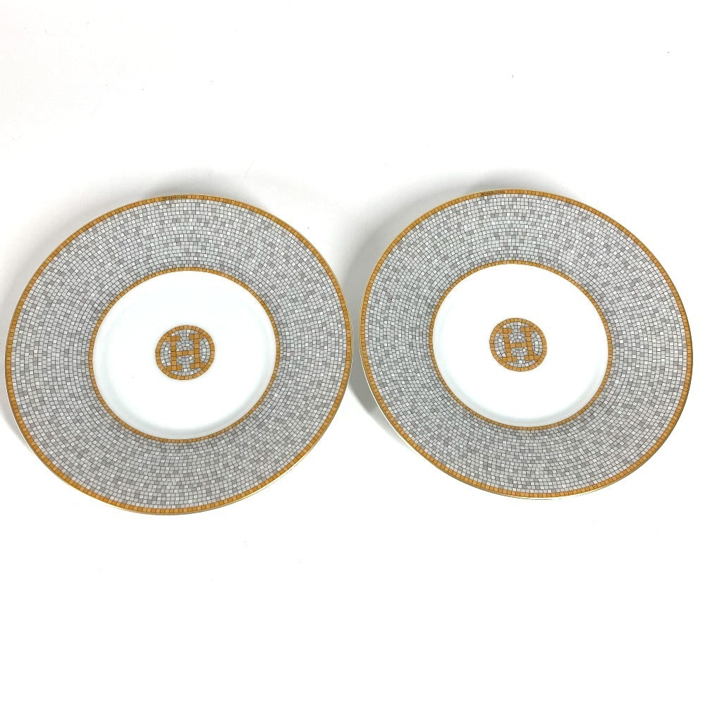 HERMES P026016P Set Tableware Plate Tea Cup & Saucer <Mosaic 24> 2 Guests Pair Interior Present Mug Porcelain Ladies Gold