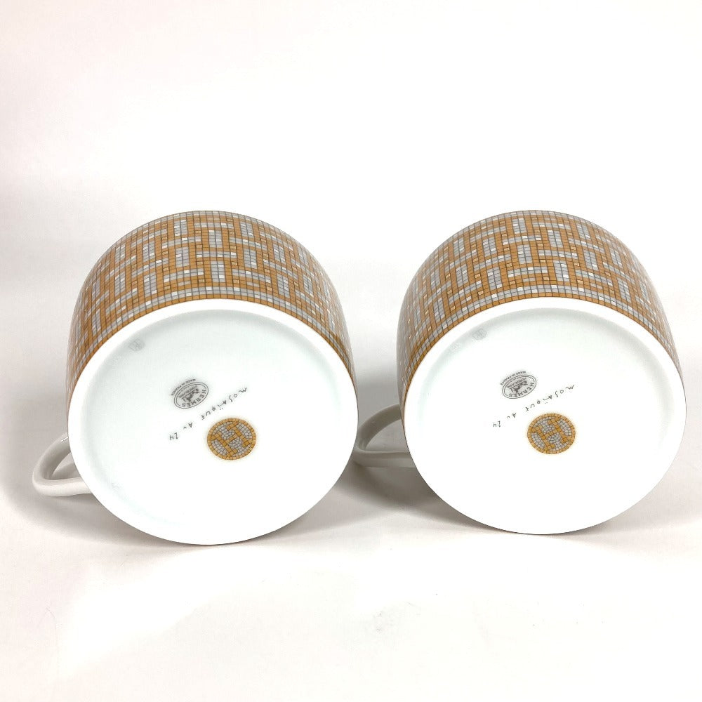 HERMES P026016P Set Tableware Plate Tea Cup & Saucer <Mosaic 24> 2 Guests Pair Interior Present Mug Porcelain Ladies Gold
