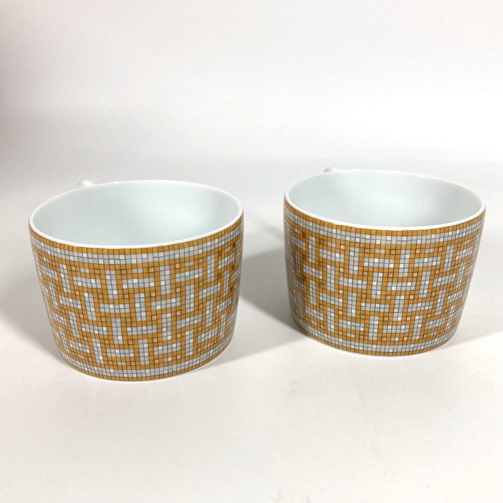HERMES P026016P Set Tableware Plate Tea Cup & Saucer <Mosaic 24> 2 Guests Pair Interior Present Mug Porcelain Ladies Gold