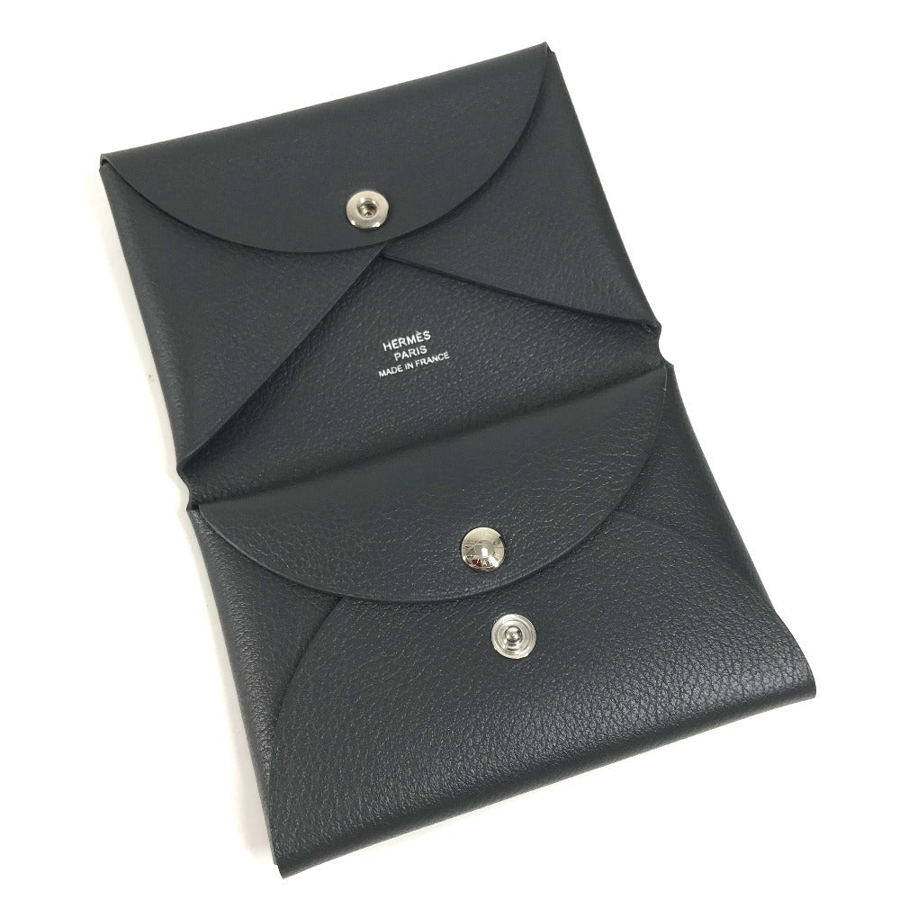 HERMES Bifold Calvi Duo Card Case, Coin Purse, Wallet, Business Card Holder, Pass Case, Coin Case, Evercolor, Unisex, Ardoise, Dark Gray
