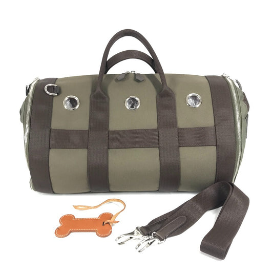 HERMES H068639CKAA 2WAYバッグ ハンドバッグ 斜め掛け 犬用キャリーバッグ 肩掛け カバン ボストンバッグ ペット 犬 ワンちゃん ショルダーバッグ ナイロン ユニセックス カーキ / フー カーキ