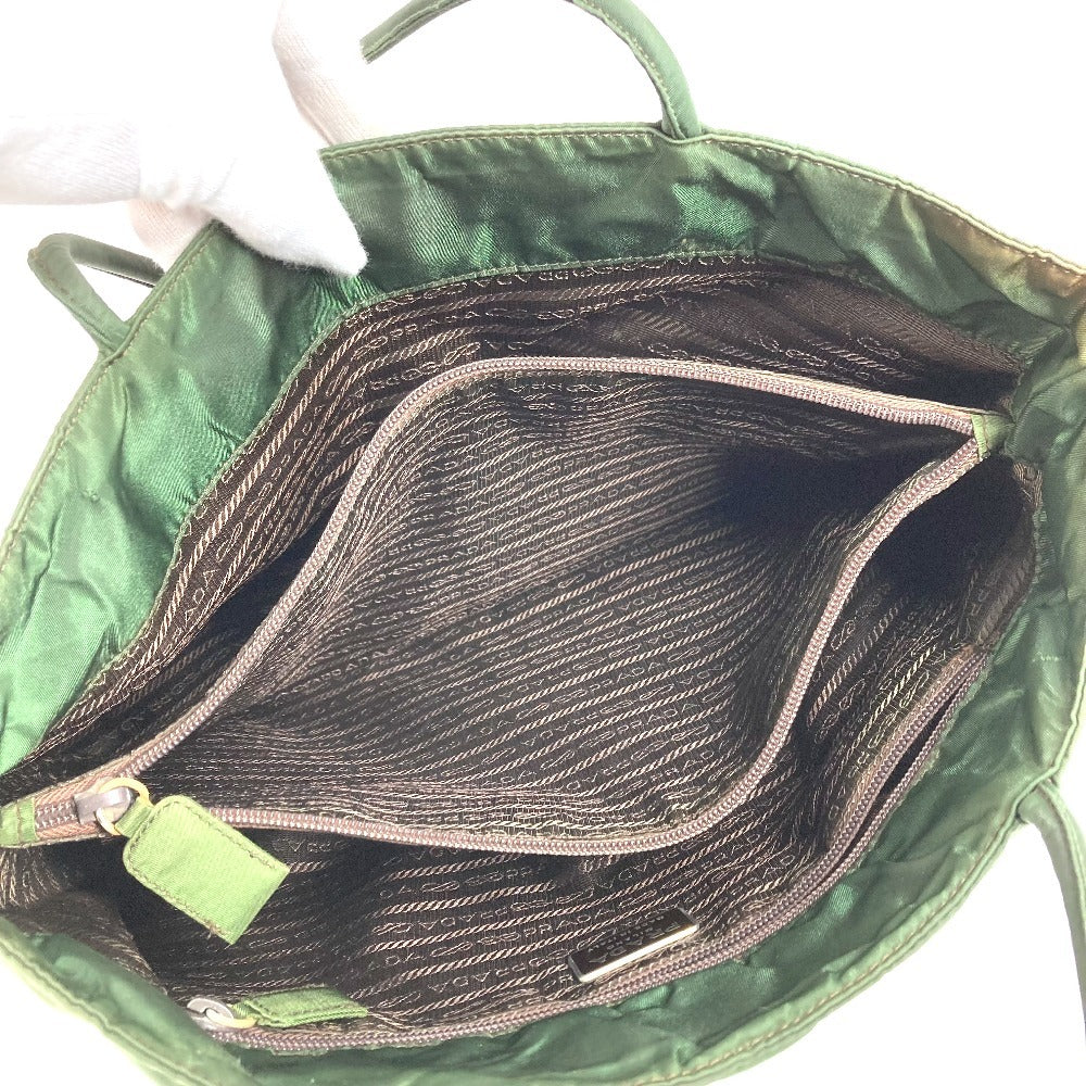 Prada Triangle Logo Plaque Tote Bag Shoulder Bag Nylon Unisex Khaki