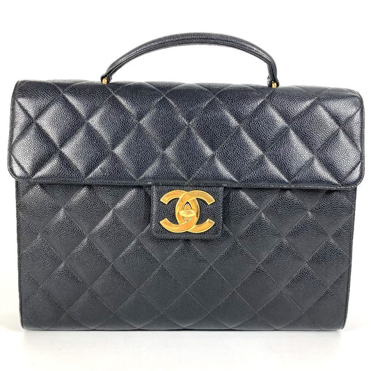 CHANEL A02794 ヴィンテージ CC ロゴ ココマーク マトラッセ キルティング ブリーフケース ハンドバッグ トートバッグ 書類バッグ ビジネスバッグ キャビアスキン レディース ブラック
