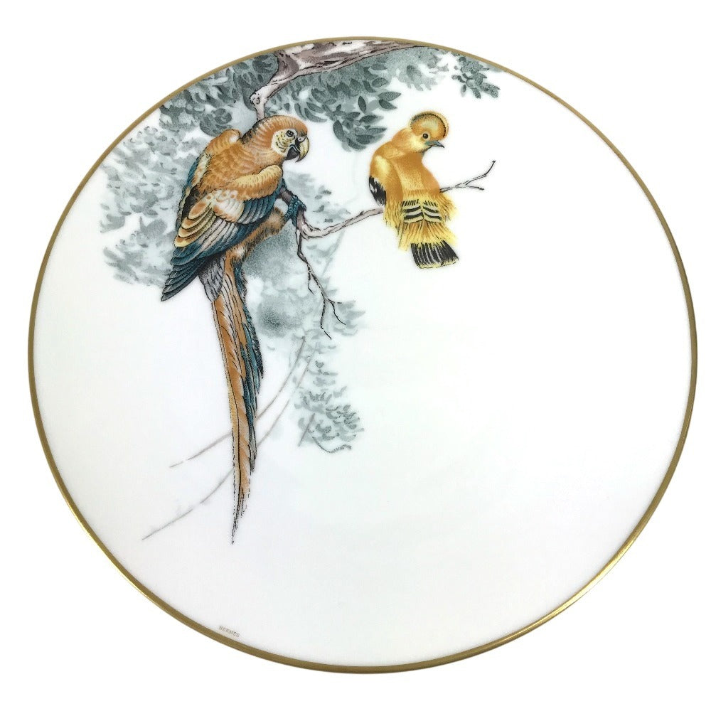 HERMES Dinner Plate, Equatorial Sketch, 27cm, Bird Design, Ceramic, Women's, White