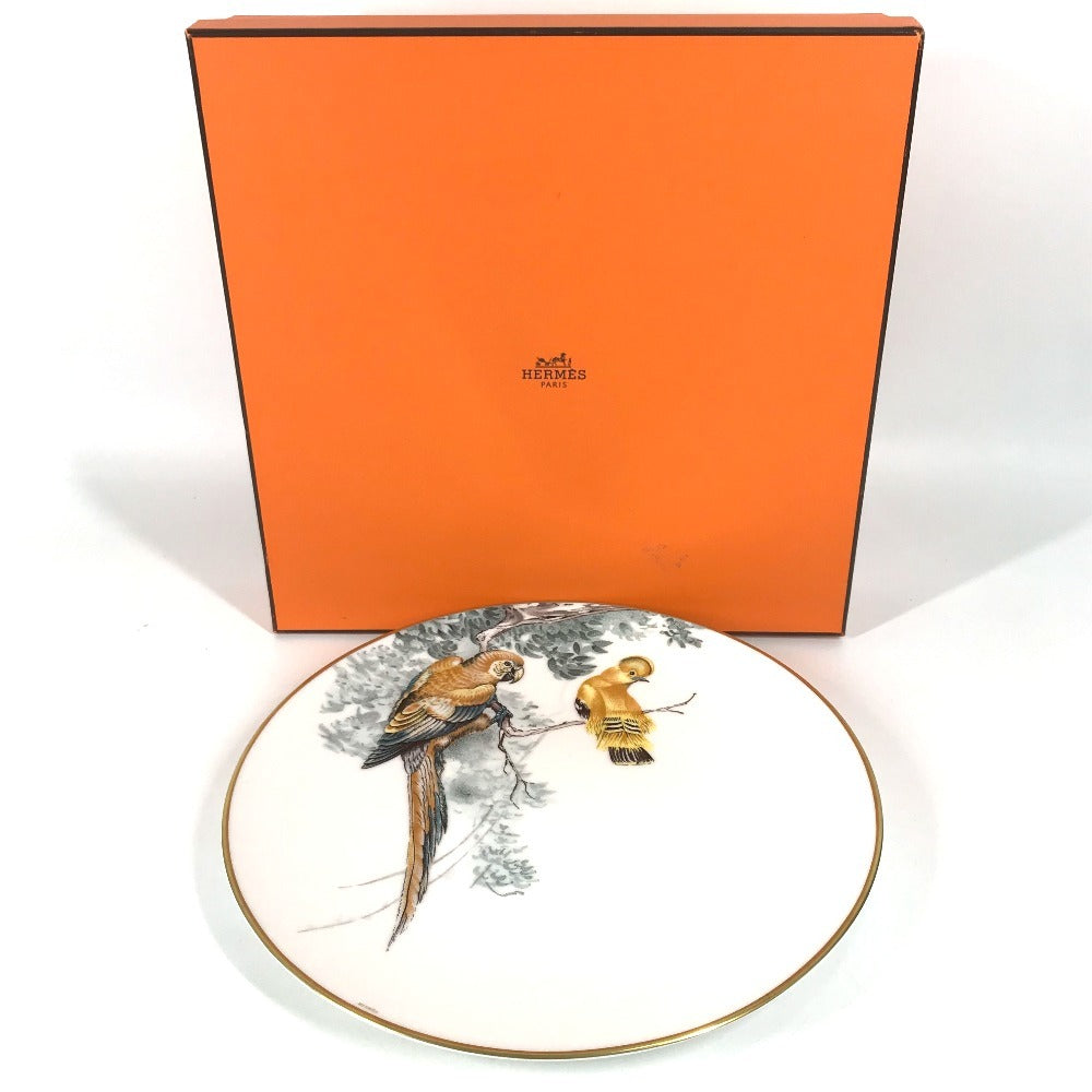 HERMES Dinner Plate, Equatorial Sketch, 27cm, Bird Design, Ceramic, Women's, White