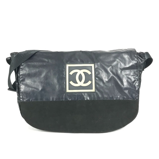CHANEL スポーツ ロゴ CC ココマーク カバン 斜め掛け フラップ ショルダーバッグ コーティングキャンバス ユニセックス ブラック