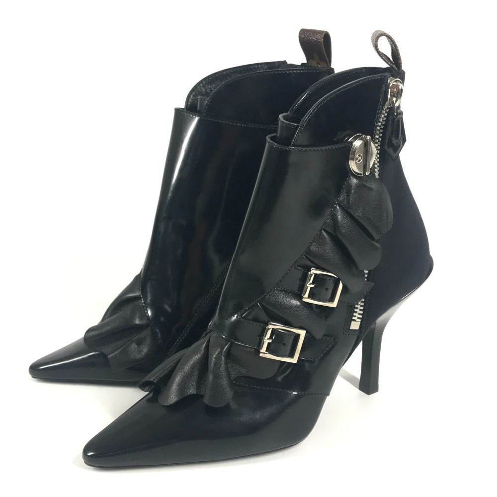 LOUIS VUITTON モノグラム フリル ショートブーツ 靴 シューズ ブーツ レザー レディース ブラック