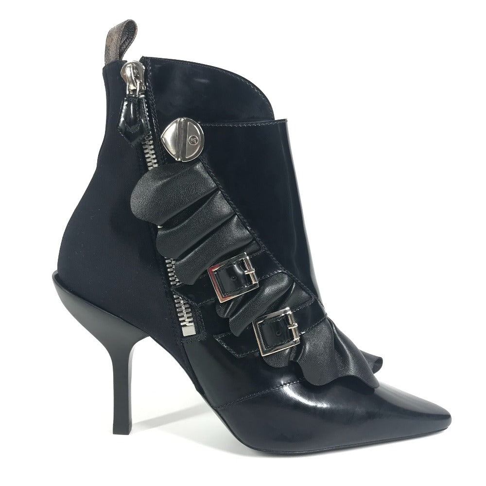 LOUIS VUITTON モノグラム フリル ショートブーツ 靴 シューズ ブーツ レザー レディース ブラック