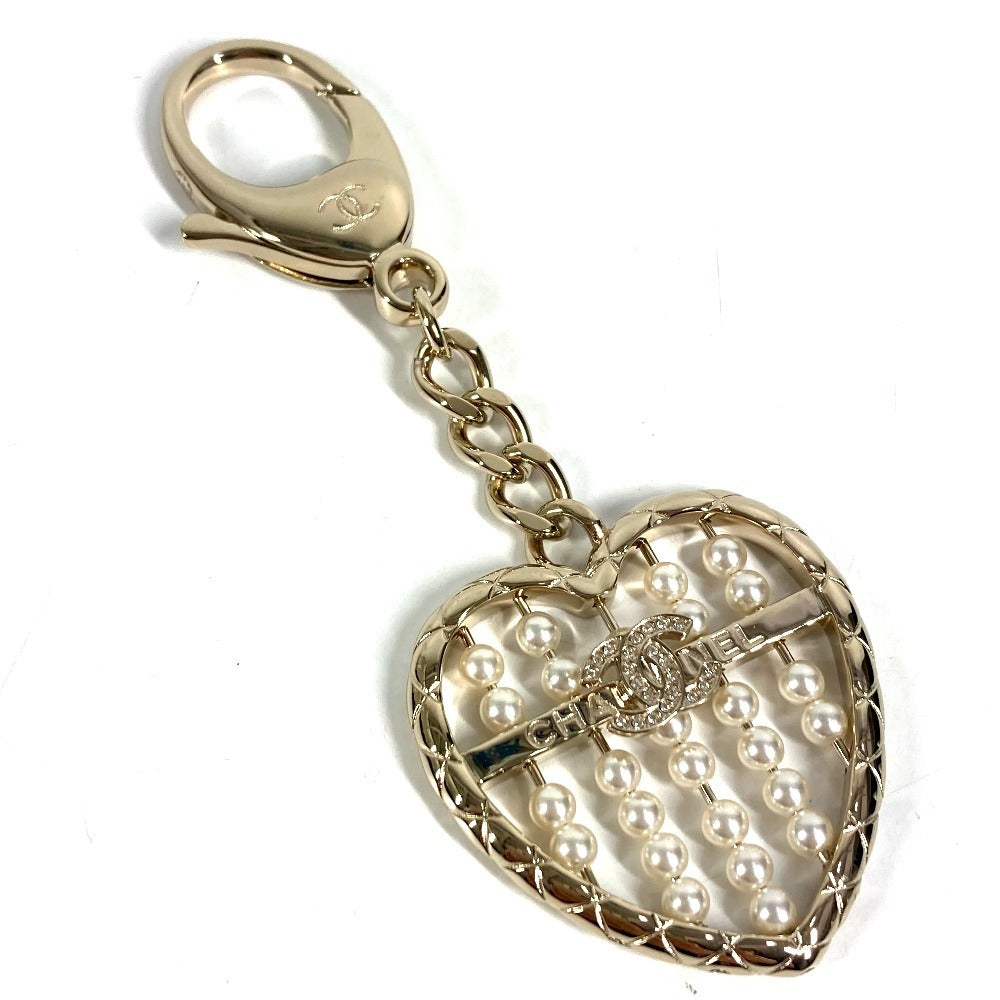 CHANEL ABG045 B25A Heart CC Coco Mark Logo Faux Pearl Rhinestone Bag Charm Chain Keychain Metal Women's Gold