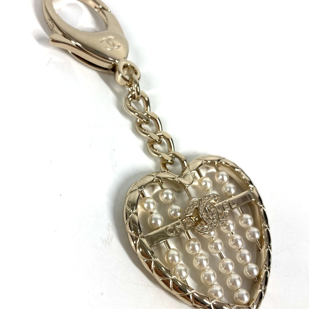 CHANEL ABG045 B25A Heart CC Coco Mark Logo Faux Pearl Rhinestone Bag Charm Chain Keychain Metal Women's Gold