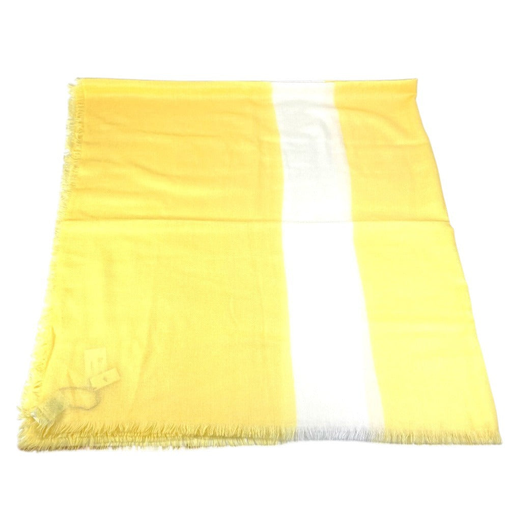 HERMES Bicolor Logo Leather Patch Leather Tag Large Stole Fringe Shawl Cashmere Unisex Yellow