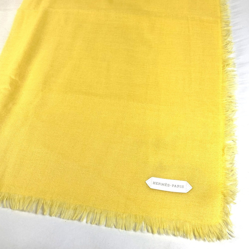 HERMES Bicolor Logo Leather Patch Leather Tag Large Stole Fringe Shawl Cashmere Unisex Yellow