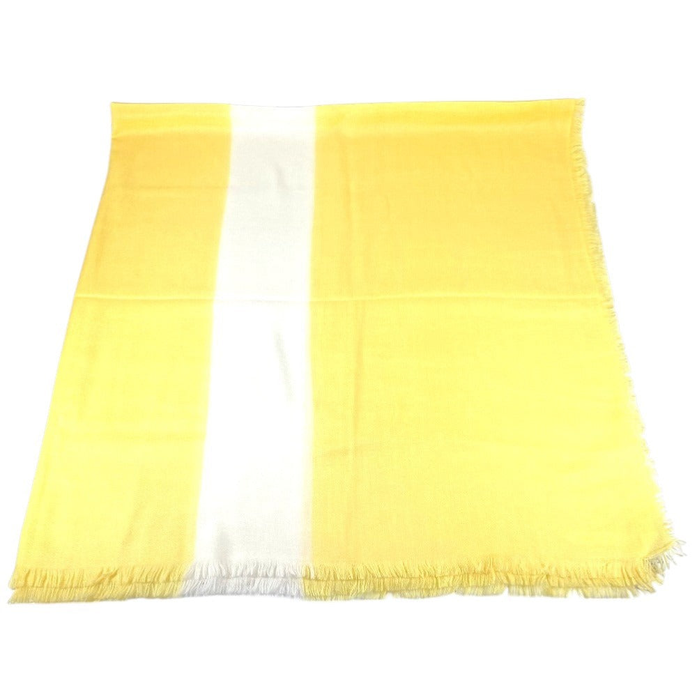 HERMES Bicolor Logo Leather Patch Leather Tag Large Stole Fringe Shawl Cashmere Unisex Yellow