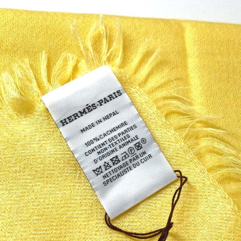 HERMES Bicolor Logo Leather Patch Leather Tag Large Stole Fringe Shawl Cashmere Unisex Yellow