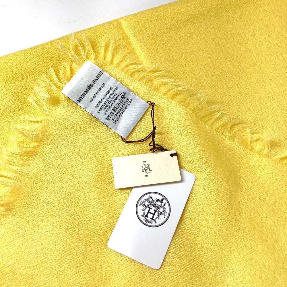 HERMES Bicolor Logo Leather Patch Leather Tag Large Stole Fringe Shawl Cashmere Unisex Yellow