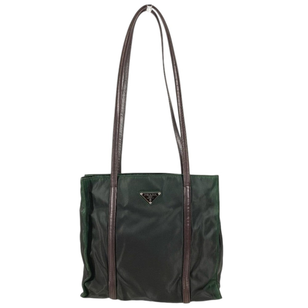 PRADA Triangle Logo Plate Handbag Tote Bag Shoulder Bag Nylon Unisex Khaki