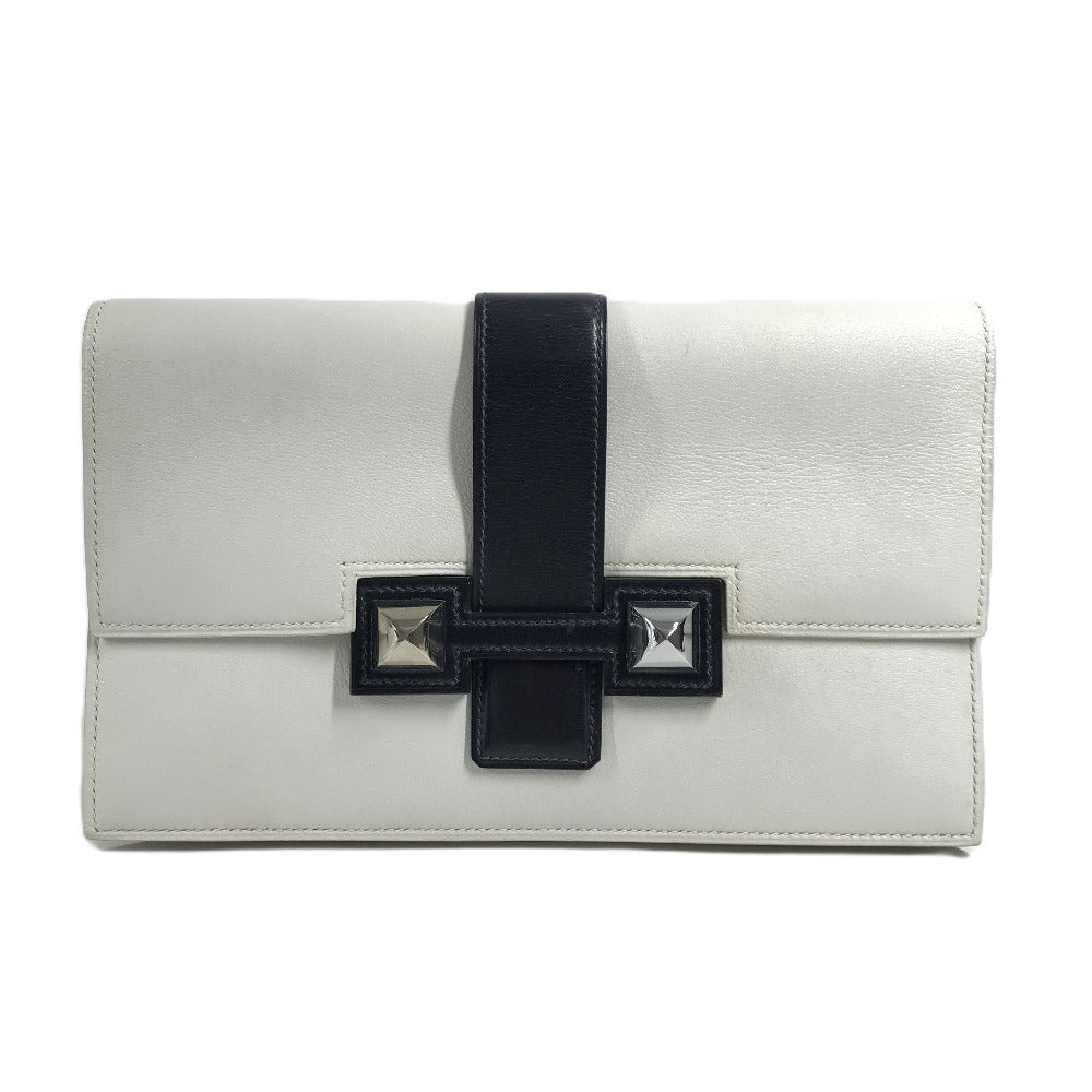 HERMES Vintage Medor Pouch Flap Bag Clutch Bag Leather Unisex White x Navy