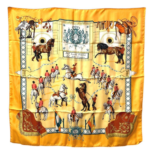 HERMES Real Escuela Andaluza Del Arte Ecuestre Royal Andalusian School of Equestrian Art Carre 90 Scarf Silk Unisex Orange