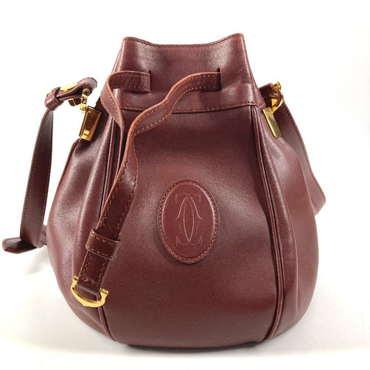 CARTIER ヴィンテージ ロゴ マストライン カバン 斜め掛け 巾着バッグ ショルダーバッグ レザー ユニセックス ワインレッド