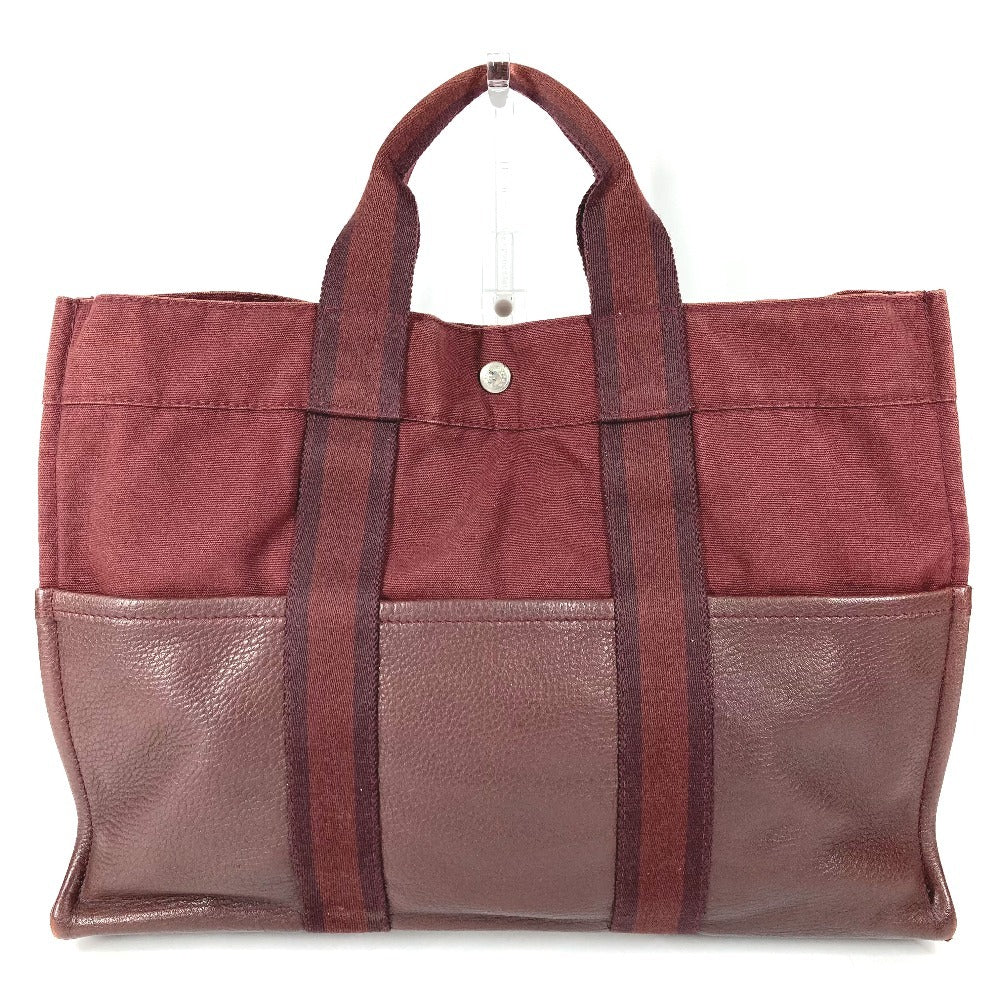 HERMES ハーフレザー 革 フールトゥ トート MM カバン トートバッグ ハンドバッグ コットン レディース ワインレッド
