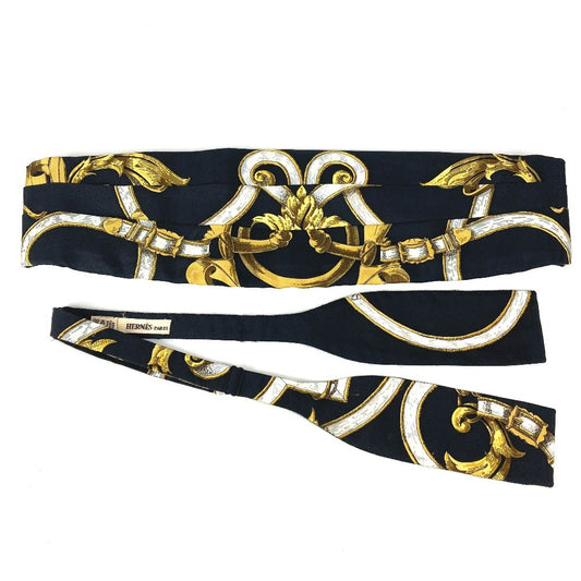 HERMES 総柄 カマーバンド＆蝶ネクタイ セット 2点 アクセサリー ネクタイ ベルト シルク メンズ ブラック