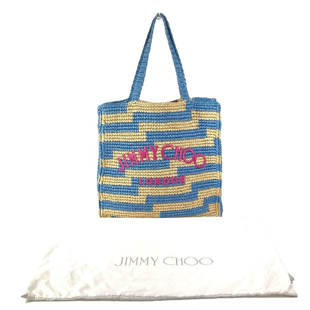 JIMMY CHOO ロゴ ボーダー ビーチトート カバン 肩掛け トートバッグ ショルダーバッグ ラフィア レディース ブルー