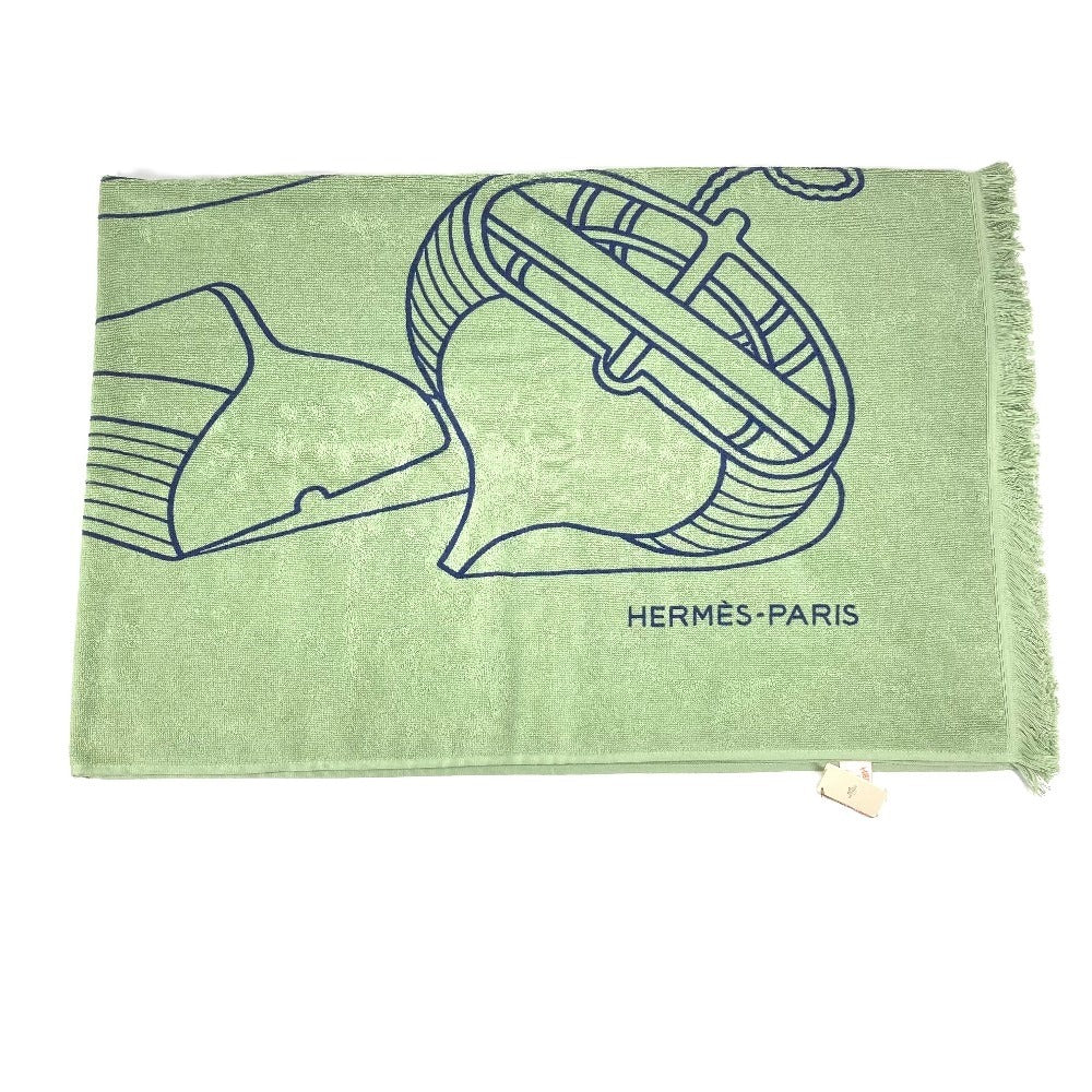 HERMES DRAP DE PLAGE YACHTING THALASSA ヨッティング プラージュ テレサ バスタオル インテリア ひざかけ ブランケット フリンジ タオル コットン ユニセックス グリーン