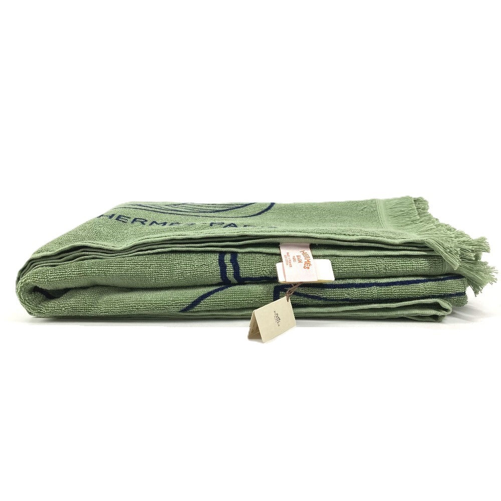 HERMES DRAP DE PLAGE YACHTING THALASSA ヨッティング プラージュ テレサ バスタオル インテリア ひざかけ ブランケット フリンジ タオル コットン ユニセックス グリーン