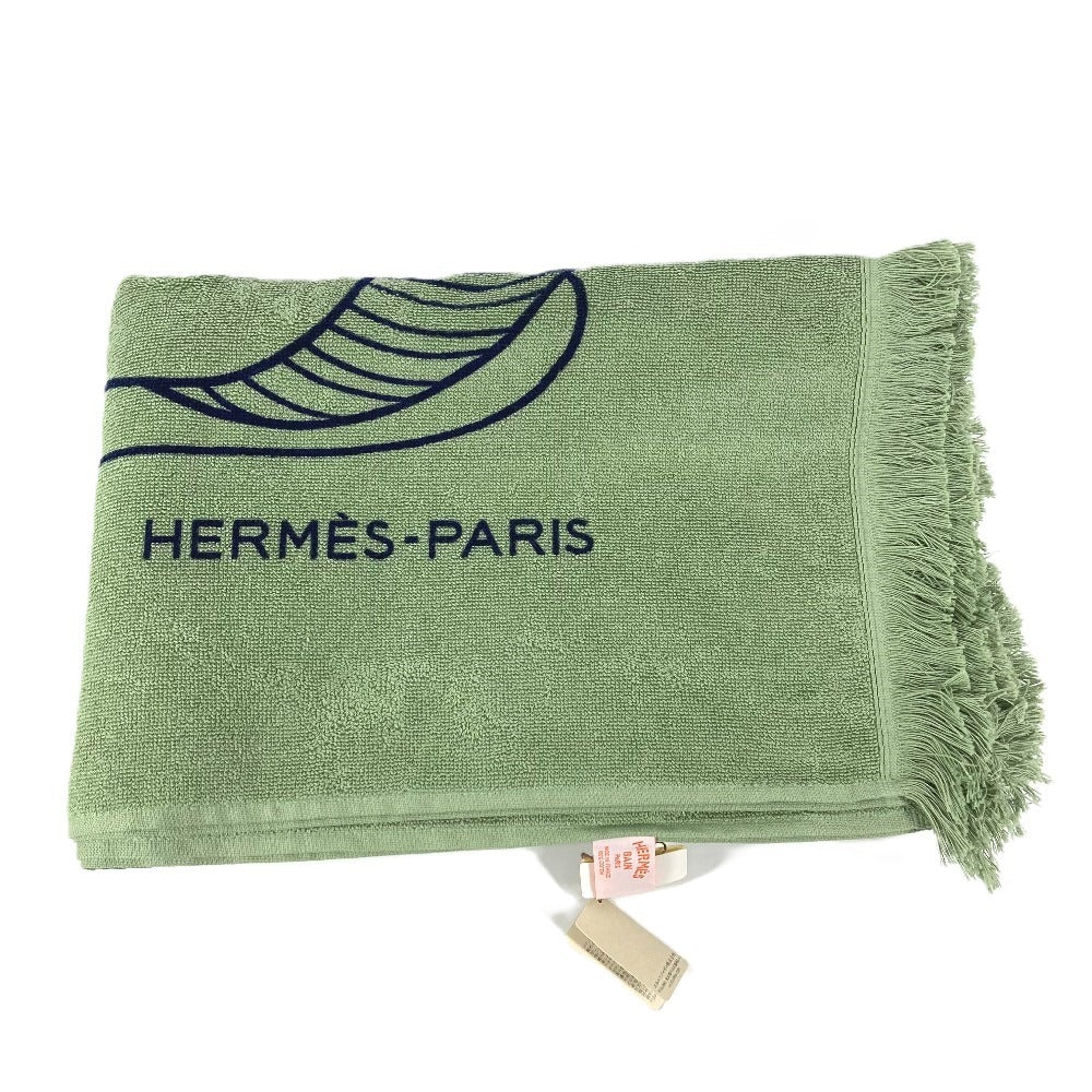 HERMES DRAP DE PLAGE YACHTING THALASSA ヨッティング プラージュ テレサ バスタオル インテリア ひざかけ ブランケット フリンジ タオル コットン ユニセックス グリーン