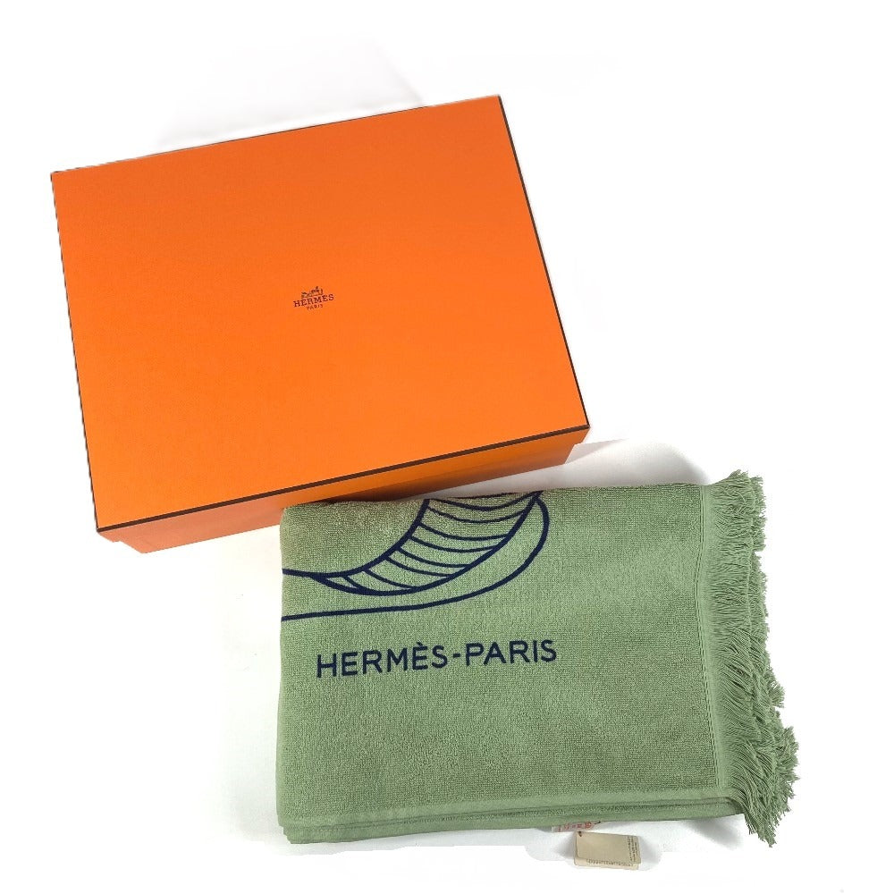HERMES DRAP DE PLAGE YACHTING THALASSA ヨッティング プラージュ テレサ バスタオル インテリア ひざかけ ブランケット フリンジ タオル コットン ユニセックス グリーン