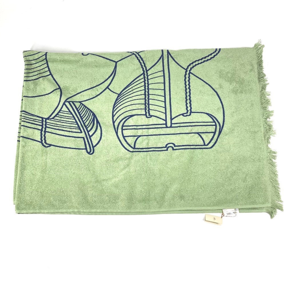 HERMES DRAP DE PLAGE YACHTING THALASSA ヨッティング プラージュ テレサ バスタオル インテリア ひざかけ ブランケット フリンジ タオル コットン ユニセックス グリーン