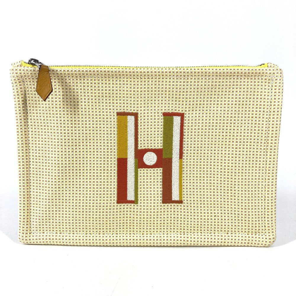 HERMES フラットポーチ 刺繍入り 《フォーブル・コーナー》 PM メイクポーチ 化粧ポーチ セカンドバッグ クラッチバッグ ポーチ コットン ユニセックス シトロン / オークル イエロー