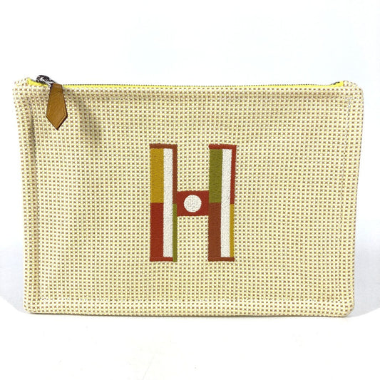 HERMES フラットポーチ 刺繍入り 《フォーブル・コーナー》 PM メイクポーチ 化粧ポーチ セカンドバッグ クラッチバッグ ポーチ コットン ユニセックス シトロン / オークル イエロー