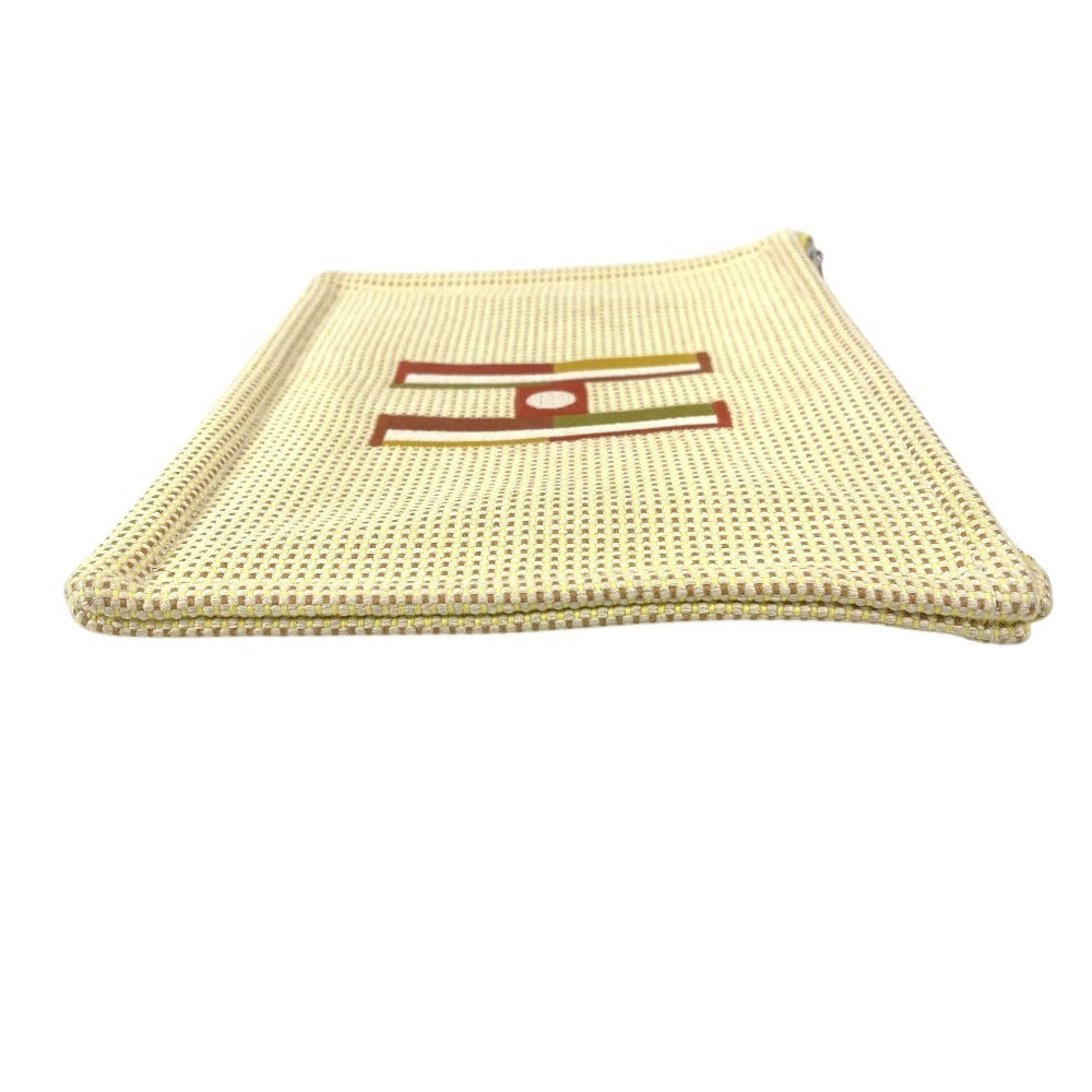 HERMES フラットポーチ 刺繍入り 《フォーブル・コーナー》 PM メイクポーチ 化粧ポーチ セカンドバッグ クラッチバッグ ポーチ コットン ユニセックス シトロン / オークル イエロー