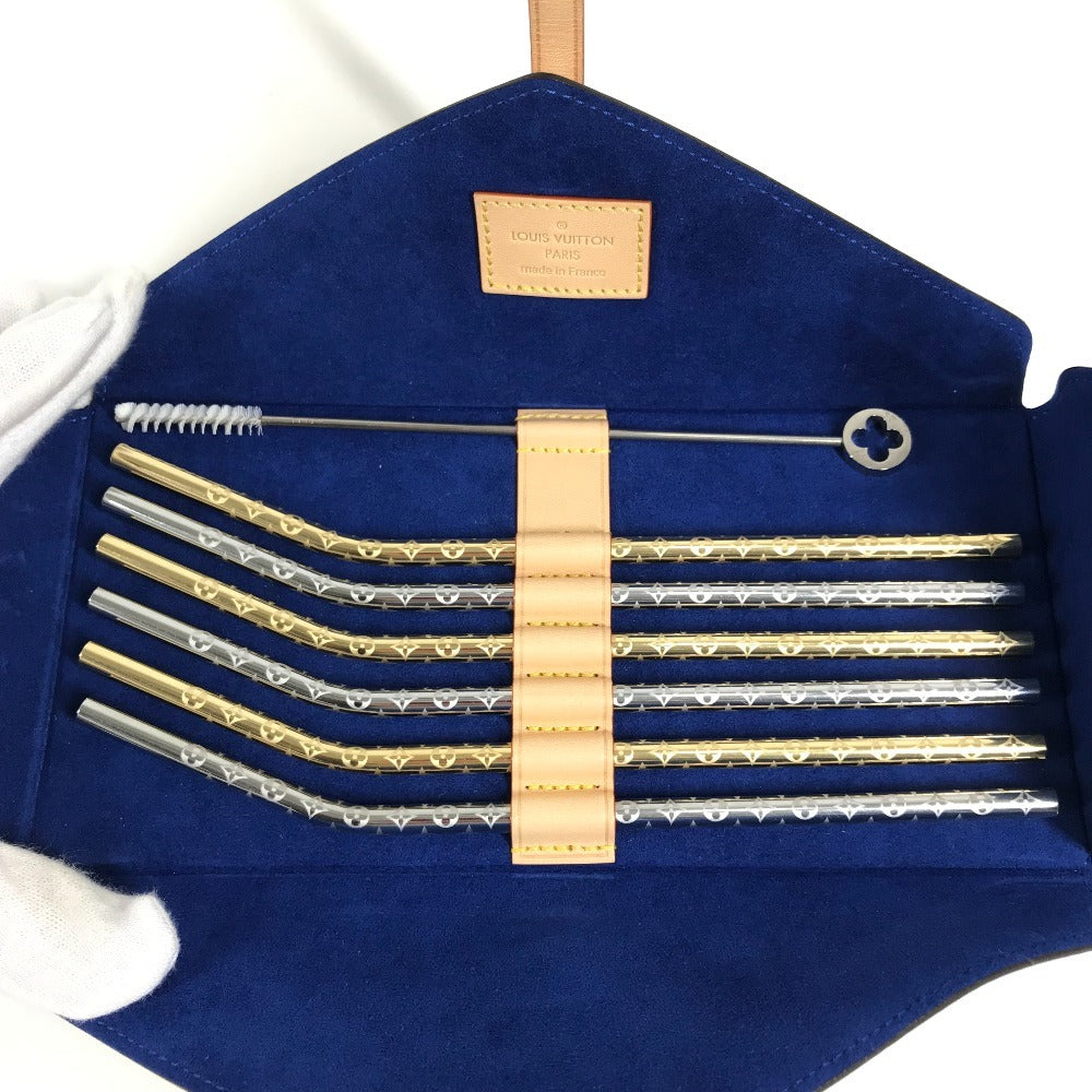 LOUIS VUITTON GI0477 モノグラム エテュイ6 パイユ ストロー6つ&ポーチセット インテリア カトラリー マドラー ストローホルダー オブジェ GP ユニセックス ゴールド×シルバー