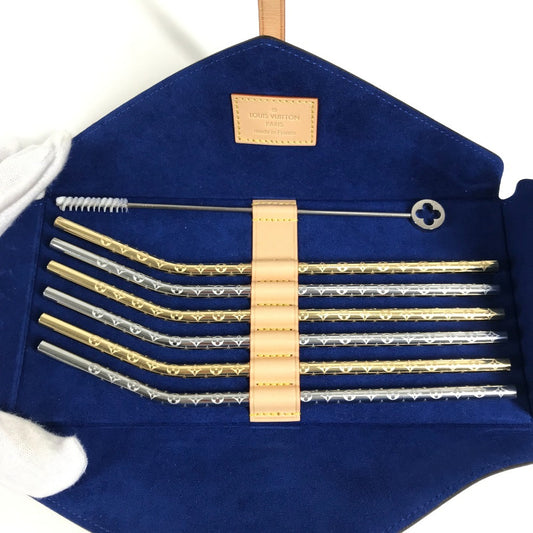 LOUIS VUITTON GI0477 モノグラム エテュイ6 パイユ ストロー6つ&ポーチセット インテリア カトラリー マドラー ストローホルダー オブジェ GP ユニセックス ゴールド×シルバー