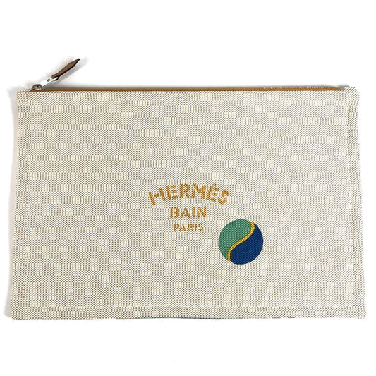 HERMES H103745M 01 Second Bag Flat Pouch "Bal au Bonheur" Print Clutch Bag Bag Makeup Pouch Multi-purpose Pouch Pouch Cotton Unisex Camel Beige