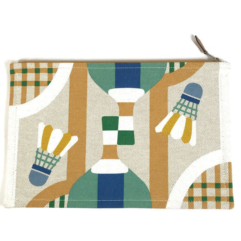 HERMES H103745M 01 Second Bag Flat Pouch "Bal au Bonheur" Print Clutch Bag Bag Makeup Pouch Multi-purpose Pouch Pouch Cotton Unisex Camel Beige