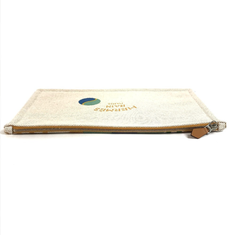 HERMES H103745M 01 Second Bag Flat Pouch "Bal au Bonheur" Print Clutch Bag Bag Makeup Pouch Multi-purpose Pouch Pouch Cotton Unisex Camel Beige