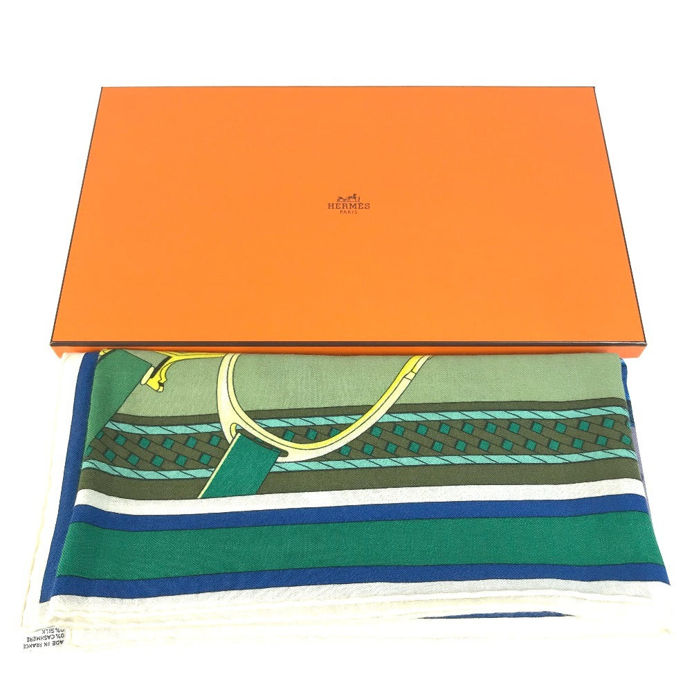 HERMES Duo d'Etriers Duos of Armor Carre Geant 140 Carre Geant 140 Shawl Stole Large Scarf Cashmere Unisex White
