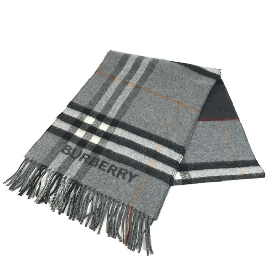 BURBERRY 8059277 Contrast Check Logo Fringe Scarf Cashmere Unisex Gray