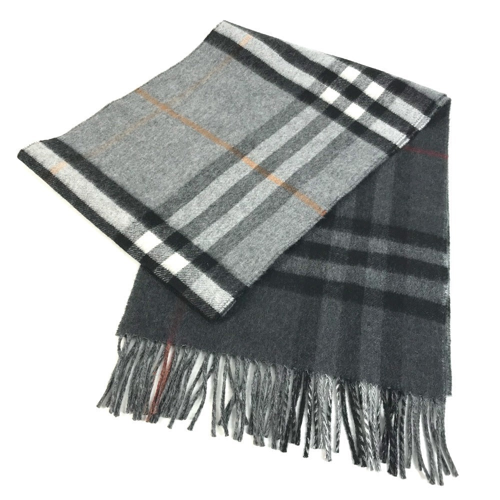 BURBERRY 8059277 Contrast Check Logo Fringe Scarf Cashmere Unisex Gray