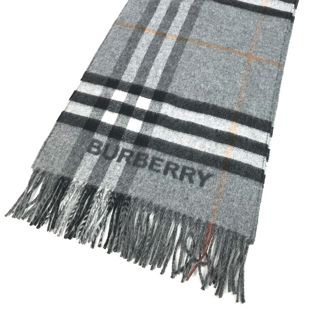 BURBERRY 8059277 Contrast Check Logo Fringe Scarf Cashmere Unisex Gray