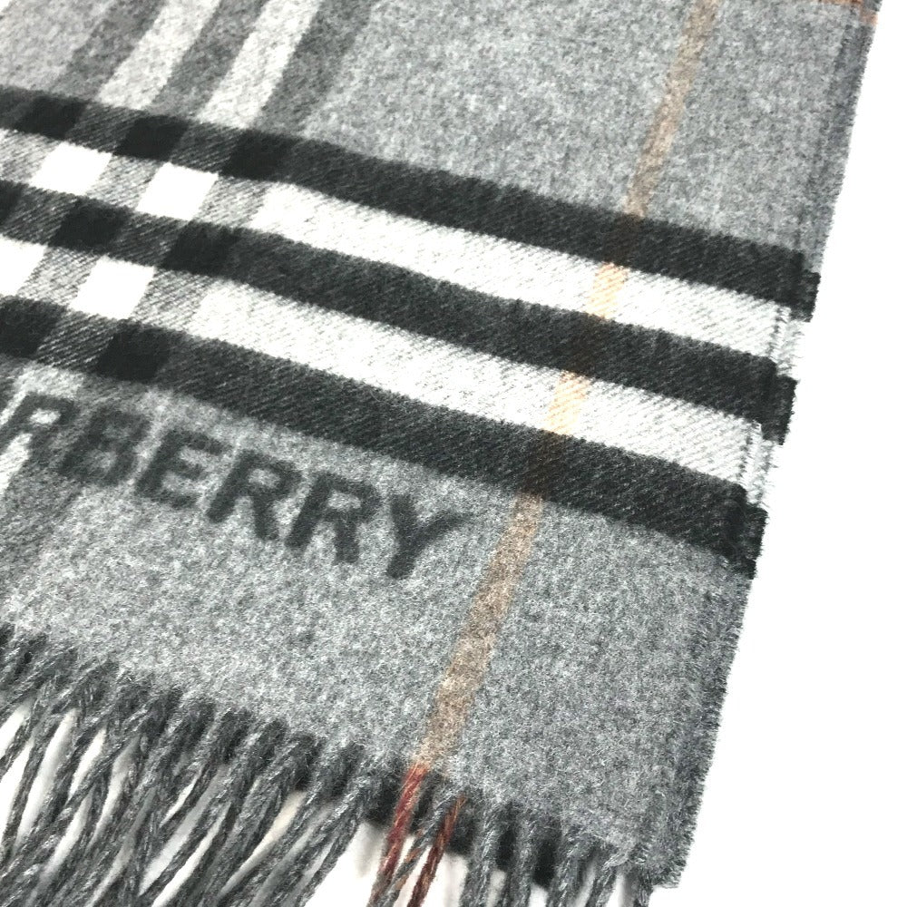 BURBERRY 8059277 Contrast Check Logo Fringe Scarf Cashmere Unisex Gray