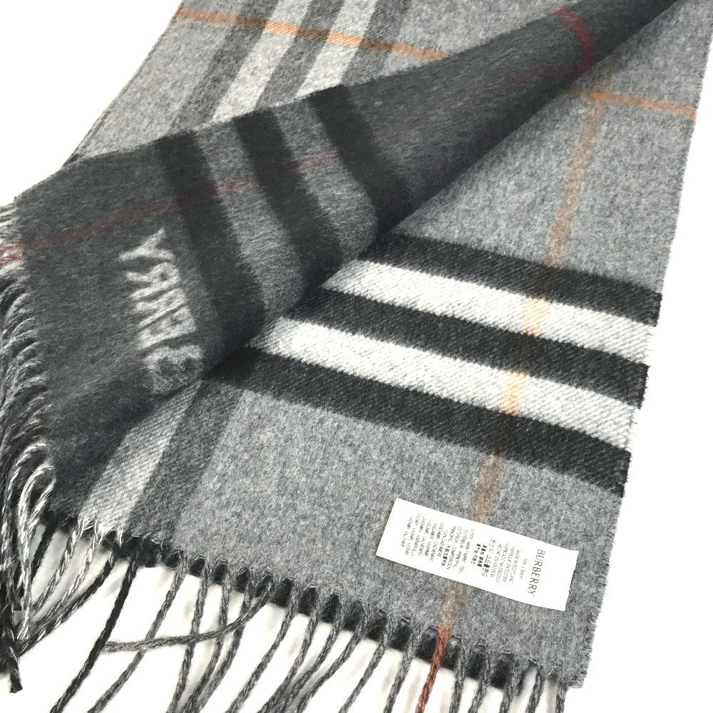 BURBERRY 8059277 Contrast Check Logo Fringe Scarf Cashmere Unisex Gray