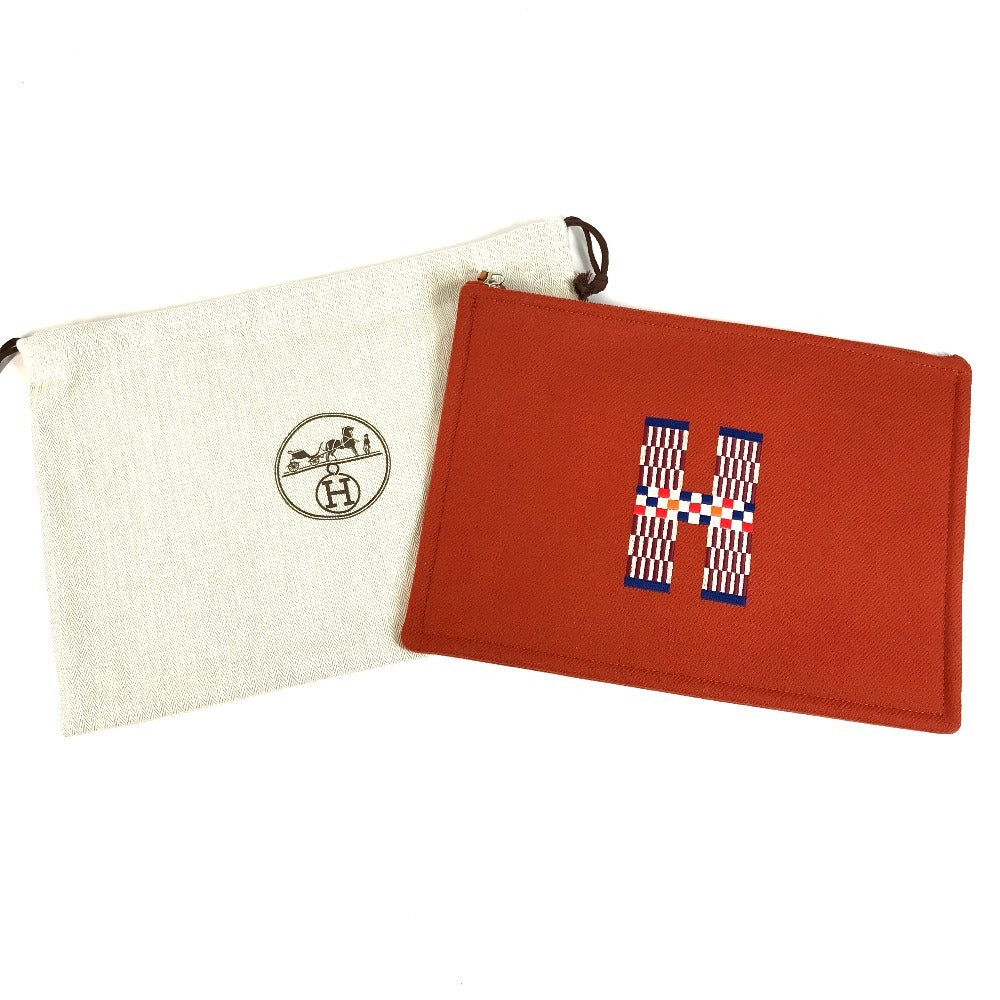 HERMES H103643M02 Second Bag Flat Pouch H Nattes GM Clutch Bag Makeup Pouch Multi-purpose Pouch Wool Unisex Tommette Orange-red