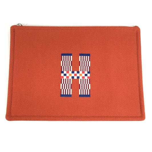 HERMES H103643M02 Second Bag Flat Pouch H Nattes GM Clutch Bag Makeup Pouch Multi-purpose Pouch Wool Unisex Tommette Orange-red