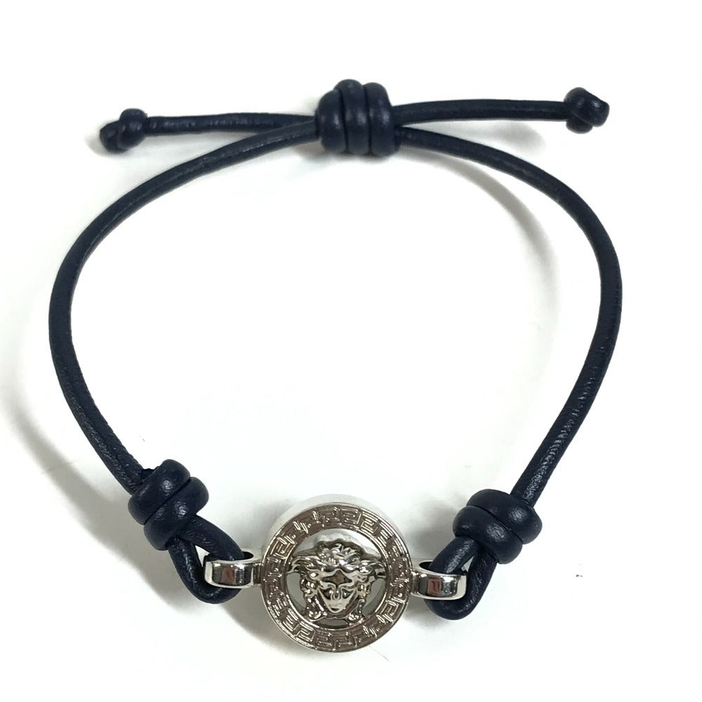 VERSACE Medusa Logo Accessory Bangle Bracelet Leather Unisex Navy