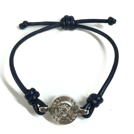 VERSACE Medusa Logo Accessory Bangle Bracelet Leather Unisex Navy